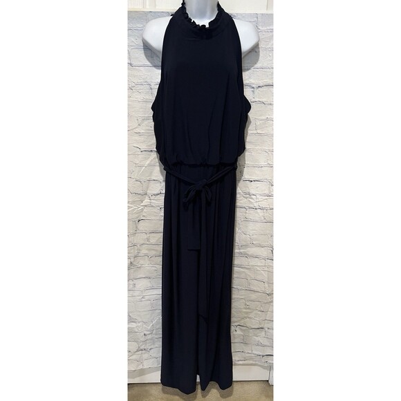 Vince Camuto Pants - VINCE CAMUTO SLEEVELESS HALTER RUFFLE NECK NAVY BLUE BELTED JUMPSUIT 16W